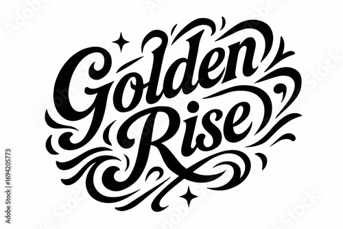 Golden Rise bold vintage calligraphy smooth curves balanced composition clear readable letters consistent style surrounded by abstract waves swirls and star shapes diagonal decorative.