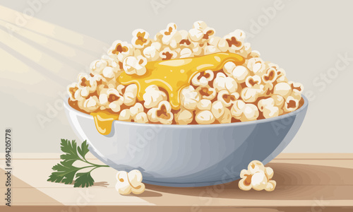 Bowl overflowing with buttery popcorn illustration perfect for a movie night snack, featuring delicious melted butter drizzled on top, and a sprig of fresh parsley