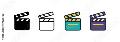 Vector icon cinema clapperboard same pose same proportions four styles black solid glyph outline minimal flat multicolor filled cartoon flat shaded.