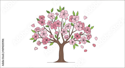 Charming cherry blossom tree illustration with pink flowers and green leaves on a white background for spring