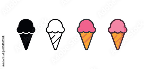 Vector icon ice cream cone same pose same proportions four styles black solid glyph outline minimal flat multicolor filled cartoon flat shaded.