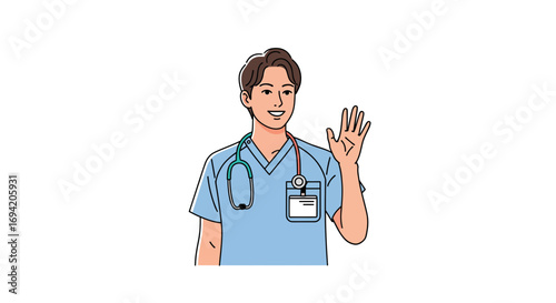 Cheerful young male nurse in scrubs with stethoscope waving hand in greeting, smiling friendly, healthcare professional