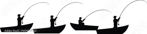 Fishermen silhouette vector illustration, people fishing in boat with fishing rod, outdoor leisure activity, lake sport, adventure, recreation, nature lifestyle design
