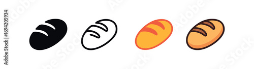 Vector icon bread loaf same pose same proportions four styles black solid glyph outline minimal flat multicolor filled cartoon flat shaded.