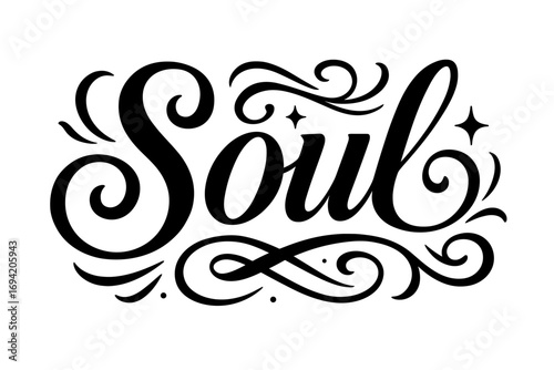 Soul elegant calligraphy lettering smooth curves balanced composition clear readable letters consistent style surrounded by abstract waves swirls and star shapes horizontal balanced layout.