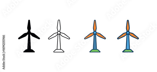 Vector icon wind turbine same pose same proportions four styles black solid glyph outline minimal flat multicolor filled cartoon flat shaded.
