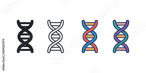 Vector icon DNA helix same pose same proportions four styles black solid glyph outline minimal flat multicolor filled cartoon flat shaded.