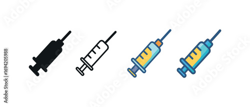 Vector icon syringe vaccine same pose same proportions four styles black solid glyph outline minimal flat multicolor filled cartoon flat shaded.
