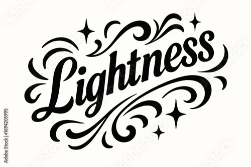 Lightness bold vintage calligraphy smooth curves balanced composition clear readable letters consistent style surrounded by abstract waves swirls and star shapes diagonal decorative.