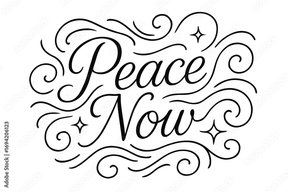 Fototapeta premium Peace Now thin line calligraphy smooth curves balanced composition clear readable letters consistent style surrounded by abstract waves swirls and star shapes none clean white background.