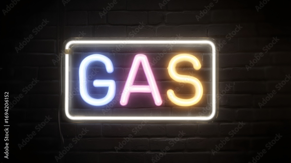 Obraz premium Neon gas sign illuminated on dark brick wall. Glowing colorful letters for service station or fuel pump advertisement. Retro style electric signage for night visibility