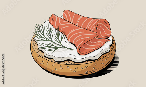 Delicious bagel with cream cheese, salmon, and dill illustration for gourmet food concept and appetizing breakfast