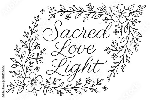 Sacred Love Light thin line calligraphy smooth curves balanced composition clear readable letters consistent style surrounded by delicate floral ornaments and botanical elements diagonal.