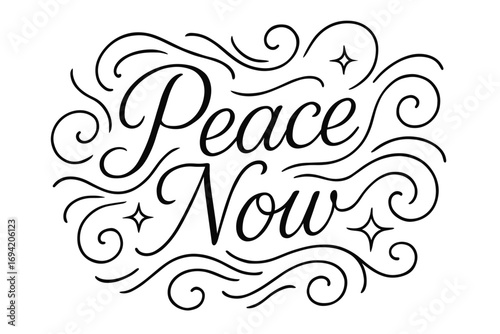 Peace Now thin line calligraphy smooth curves balanced composition clear readable letters consistent style surrounded by abstract waves swirls and star shapes none clean white background.