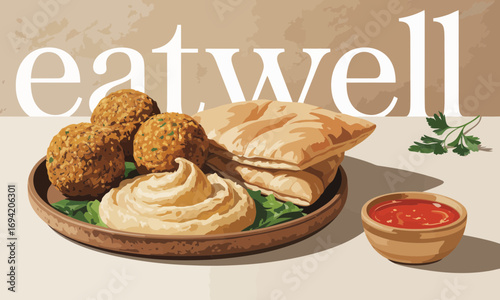Delicious falafel with hummus and pita bread served on a plate with tomato sauce and fresh parsley, promoting healthy eating and well-being