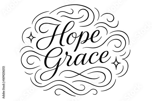 Hope Grace thin line calligraphy smooth curves balanced composition clear readable letters consistent style surrounded by abstract waves swirls and star shapes circular frame composition.