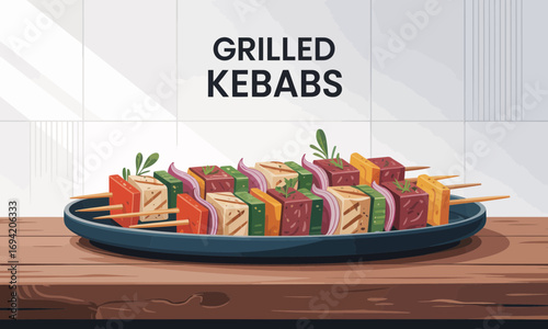 Delicious grilled kebabs served on a plate featuring meat, tofu, and vegetables, presented in a vibrant and appetizing vector illustration