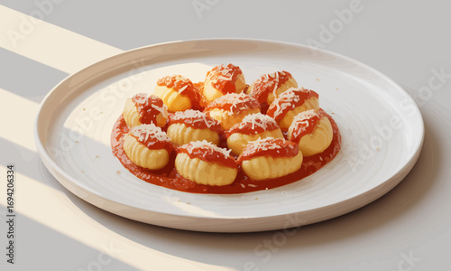 Delicious gnocchi dish served on a white plate with tomato sauce and parmesan cheese, illuminated by natural sunlight creating a warm and inviting atmosphere