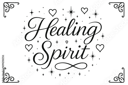 Healing Spirit thin line calligraphy smooth curves balanced composition clear readable letters consistent style surrounded by glowing hearts and romantic sparkles centered with corner.