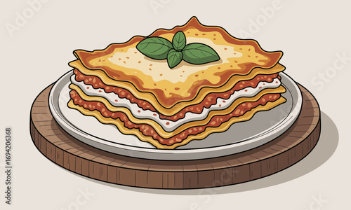 Delicious lasagna illustration with layers of pasta, meat sauce, cheese, and basil garnish served on a plate and wooden board