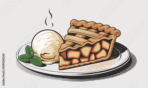 Delicious slice of apple pie with a scoop of vanilla ice cream on a plate, garnished with mint leaves, vector illustration