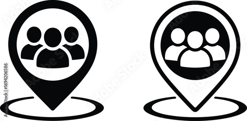 Location pin icon with people group silhouette, community map marker symbol, social connection vector, teamwork, networking, communication, meeting place illustration design