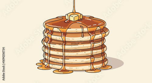 Delicious stack of pancakes with melting butter and dripping maple syrup illustration creating a tempting breakfast scene