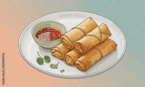 Delicious spring rolls served on a plate with dipping sauce and garnish in detailed vector illustration style