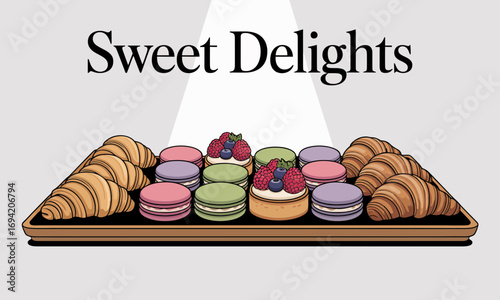 Delicious sweet delights featuring croissants, macarons, and fruit tarts displayed beautifully on a tray under soft light