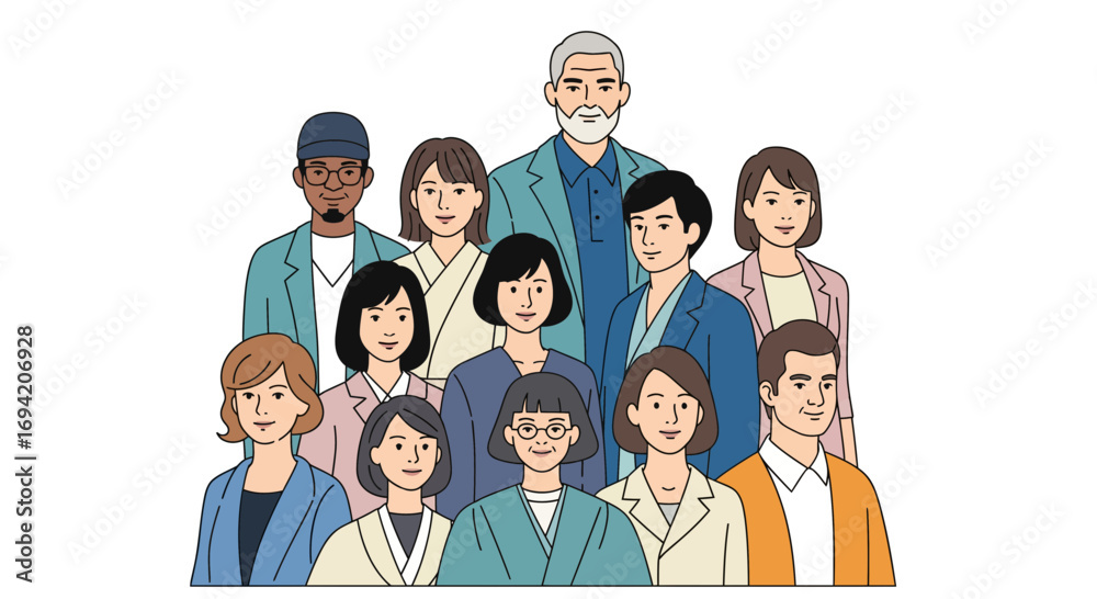 Diverse group of professionals standing together, showcasing unity and teamwork in a modern workplace environment, all in vector style