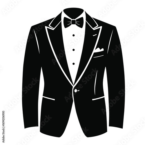 Classic black tuxedo with bow tie and pocket square illustration