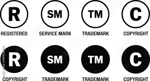 Registered trademark, copyright, service mark, intellectual property protection icons, legal rights vector symbols, branding design elements, trademark and copyright law concept illustration