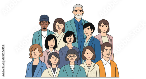 Diverse group of professionals standing together, showcasing unity and teamwork in a modern workplace environment, all in vector style