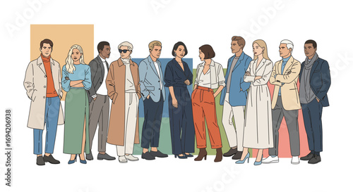 Diverse group of stylish people standing together in fashionable outfits, showcasing modern elegance and collaboration