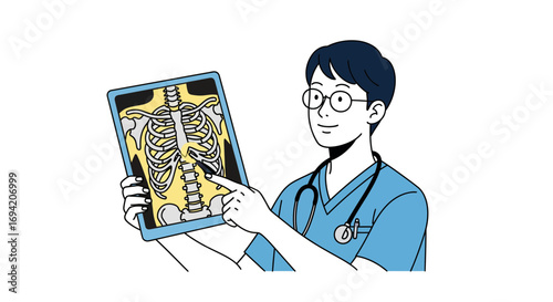 Doctor explaining the chest x-ray diagnosis with focus on the spinal area in a medical environment, illustration style