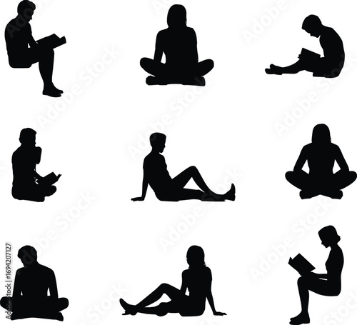 Silhouette collection of people reading books while sitting, relaxing, studying, education concept, leisure activity, students, readers, learning and knowledge illustration vector