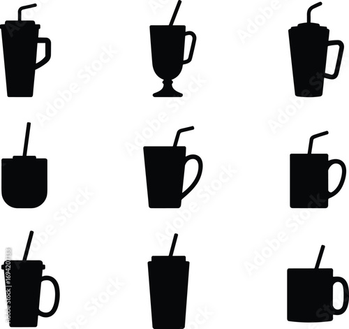 Silhouette collection of drink cups with straws, coffee mugs, beverage glasses, juice, tea, cold drinks, refreshment, bar, café vector illustration