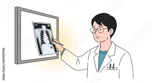 Doctor reviewing chest x-ray pointing with pen for diagnosis in hospital examining respiratory health and potential lung conditions