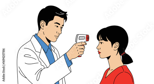 Doctor using infrared thermometer to check woman's temperature for fever or illness during health screening examination