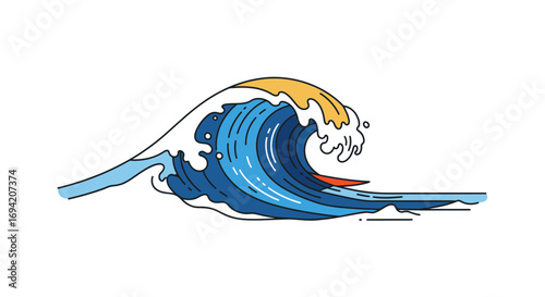 Dynamic ocean wave illustration with surfer, featuring stylized foam, vibrant colors, and a bold outline for summer adventures