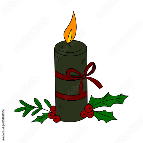Festive Christmas candle with red ribbon and holiday decorations. Warm and cozy winter illustration. Traditional New Year symbol of light and celebration