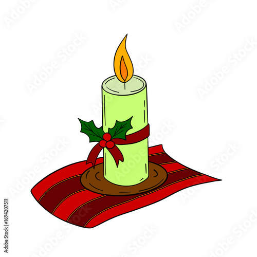 Festive Christmas candle with red ribbon and holiday decorations. Warm and cozy winter illustration. Traditional New Year symbol of light and celebration