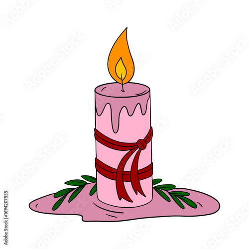 Festive Christmas candle with red ribbon and holiday decorations. Warm and cozy winter illustration. Traditional New Year symbol of light and celebration