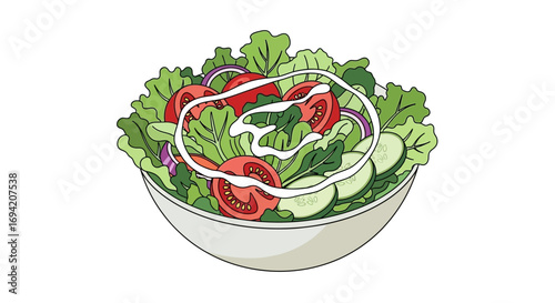 Fresh garden salad with lettuce, tomatoes, cucumbers, and dressing in a bowl, creating a healthy and vibrant culinary delight