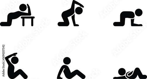  Silhouette illustration of people doing fitness workout exercises, stretching, yoga positions, pilates training, relaxation poses, healthy lifestyle activity, wellness body movement vector design