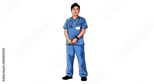 Full length portrait of a male nurse in blue scrubs standing confidently with a stethoscope around his neck