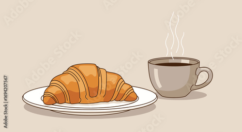 Freshly baked croissant on a plate with a steaming cup of coffee illustration for breakfast or brunch
