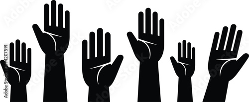  Silhouette illustration of raised hands in different sizes, volunteer participation, teamwork, unity, support, community concept, protest, activism, freedom symbol vector design