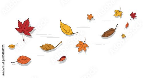 Illustrated autumn leaves in various colors gently falling against a clean white backdrop conveying a sense of seasonal transition