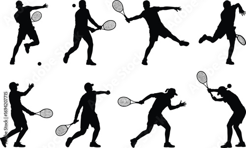 Silhouette illustration of tennis players with rackets in dynamic action poses, hitting ball, serving, training, competition, sports activity, black vector design